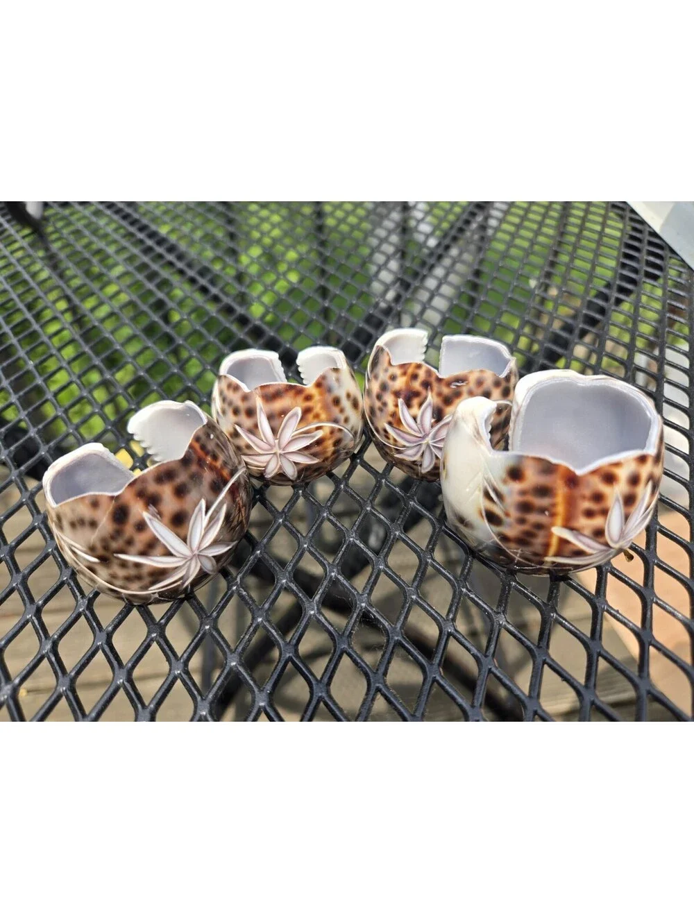 4 Vintage Cowrie Shell Napkin Rings Carved Flower Spotted Tiki Tropical Beach